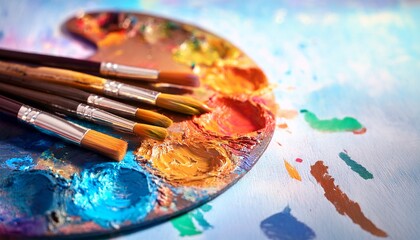 Obraz premium the paintbrushes resting on a paint splattered palette in a bright studio closeup
