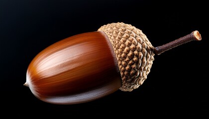 a close up studio shot of a brown acorn with a leaf on a black background showing fall colors and texture