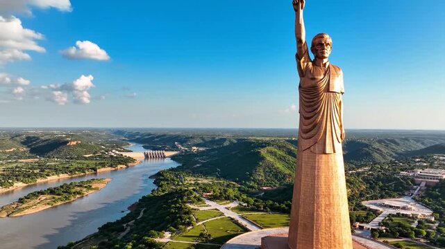 Soaring aerial view of a tall riverside statue and surrounding landscape