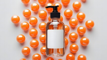 Orange gel capsules surrounding a clear pump bottle with a white label