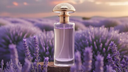 A luxurious perfume bottle stands amidst a vibrant sprawling field of blooming lavender