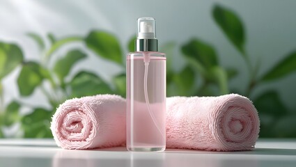 Aesthetic composition featuring a pink spray bottle and rolled towels on a surface