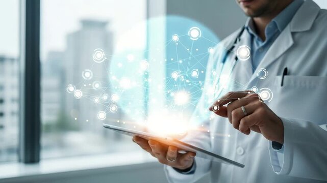 Doctor in white lab coat interacts with a digital tablet displaying glowing interconnected circles with a cityscape visible through the window