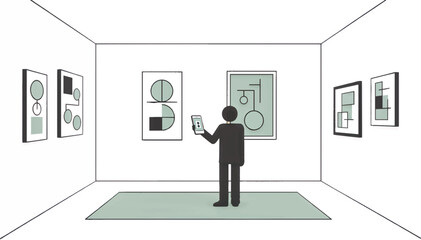 Fototapeta premium Person in an art gallery viewing abstract paintings with a smartphone. Soft minimalism vector illustration. Modern museum exhibition and digital technology concept. Flat design graphic