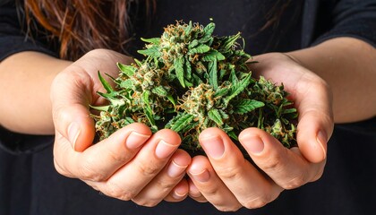 Close-up of hands holding a pile of fresh cannabis buds.