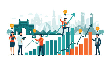 Obraz premium Illustration of business professionals analyzing bar graphs and charts with cityscape background in a flat, colorful style conveying growth and productivity.