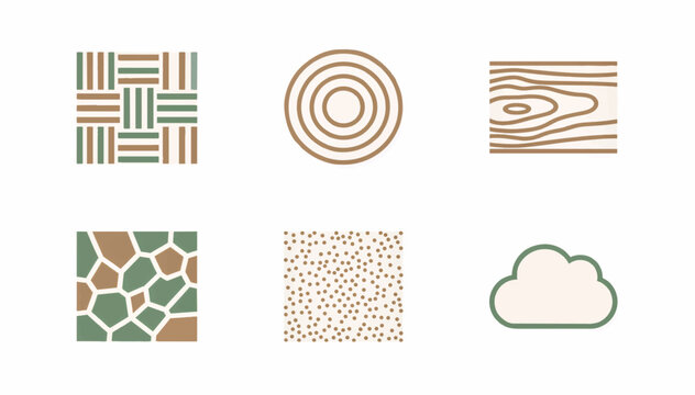 Minimalist ASMR surfaces and tactile texture icon set. Flat design vector illustration of wood grain, stone mosaic, and woven patterns. Earthy tone graphic elements isolated on white