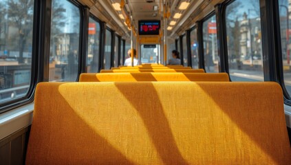 Empty Bus Seats on a Sunny Day With Passengers in the Background Heading to Their Destination