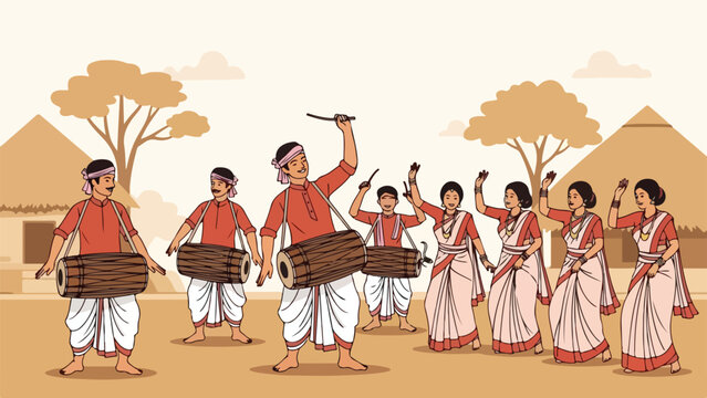 Traditional Indian dancers performing with musical instruments in a rural setting with thatched huts and trees in the background.