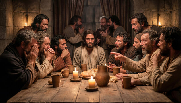 Jesus Christ and twelve apostles sharing Last Supper meal in biblical scene. Holy communion with bread and wine during sacred religious event. Famous Christian history moment for faith spirituality