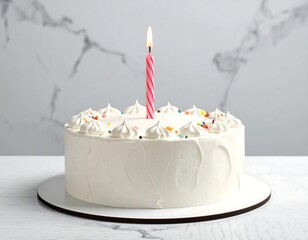 Celebratory birthday cake with a single lit candle.