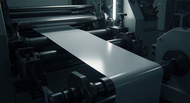 industrial printing machine with metal rollers and paper sheet in factory setting