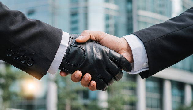 Two business professionals shaking hands wearing black leather gloves in front of a modern office building, symbolizing partnership and agreement
