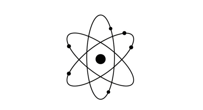 Simple black and white illustration of an atom model with nucleus and orbiting electrons isolated on transparent background