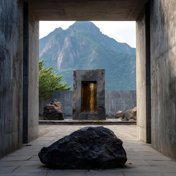 Very Ancient Japanese Jinji with Volcanic Rock in Center