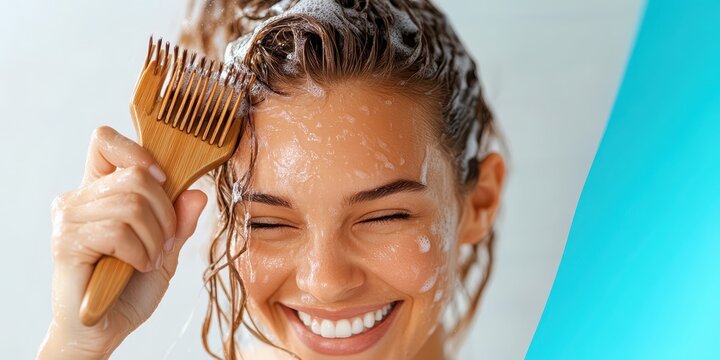 Woman joyfully combing her hair while washing it with a wooden brush
