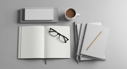 open book with pen, notebook and a cup of coffee