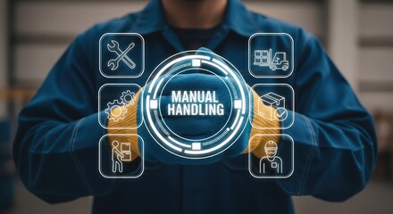 A worker in protective gear holds a glowing circle with 'MANUAL HANDLING' and surrounding icons, emphasizing safety and procedures in industrial work.