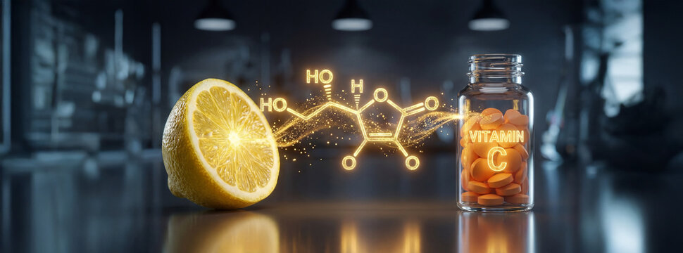 Vitamin C Supplement with Lemon and Molecular Structure, Nutrition Science and Antioxidant Concept