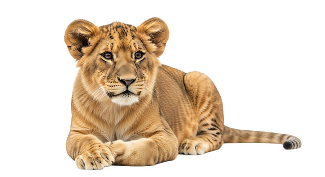 Majestic lion cub with striking stripes rests peacefully on transparent background