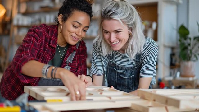 Lesbian Couple Assembling Flat Pack Furniture at Home