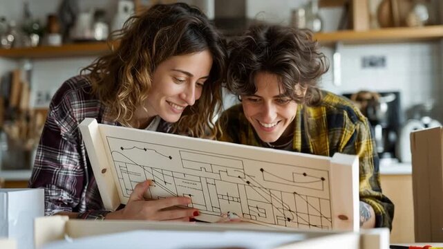 Lesbian Couple Assembling Flat Pack Furniture at Home