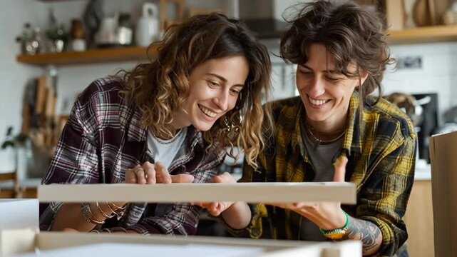 Lesbian Couple Assembling Flat Pack Furniture at Home