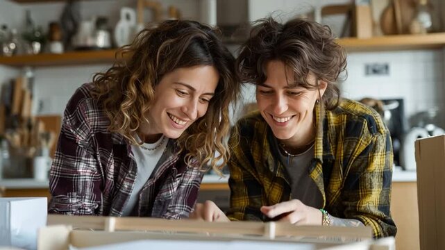 Lesbian Couple Assembling Flat Pack Furniture at Home