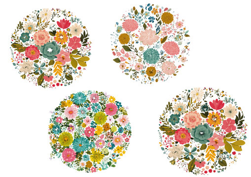 Set of colorful hand-drawn style wildflower round bouquets and wreaths (Spring garden concept) (화려한 손그림 스타일의 야생화 원형 꽃다발과 리스 세트 - 봄 정원 컨셉)