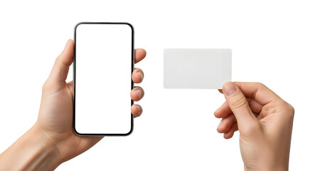 Smartphone and Blank Card PNG Held in Hands for Digital and Physical Identity Mockups UI Design Branding and Technology Presentation Assets
