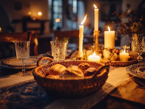 cozy dining table with woven basket of assorted bread rolls warmly lit by tall glowing candles in an intimate setting with ample space for text concept of dining hospitality and home decor