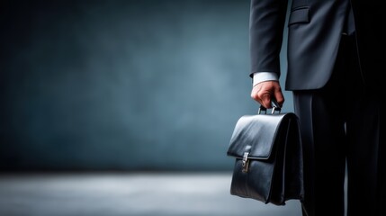 A businessman in a suit holds a leather briefcase, exuding professionalism and readiness in a dimly lit environment.