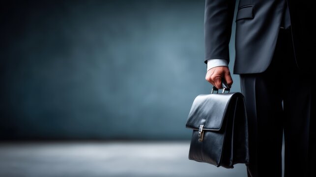 A businessman in a suit holds a leather briefcase, exuding professionalism and readiness in a dimly lit environment.