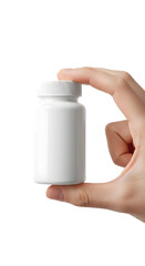Hand Holding Small White Plastic Bottle PNG for Supplement Packaging Pharmaceutical Branding and Health Product Mockups
