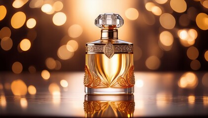 ornate glass perfume bottle on reflective surface with glowing bokeh lights elegant luxury fragrance mockup for beauty branding product showcase with warm ambience background and copy space