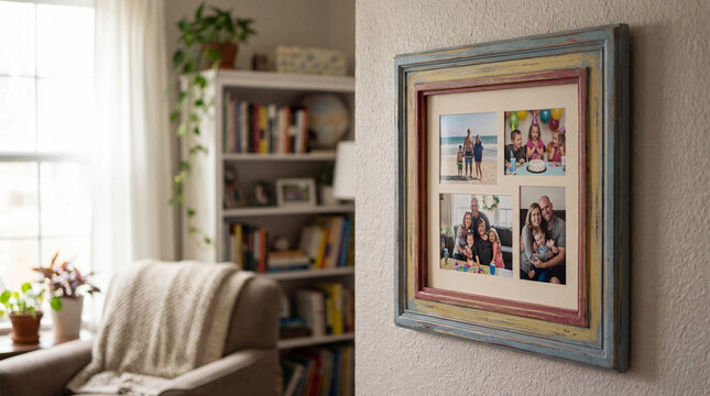 Family photo frame hangs on wall. Photo frame shows happy family moments in cozy living room, for mothers day gift, christmas card, thanksgiving memories, home decor concept, warm nostalgia theme