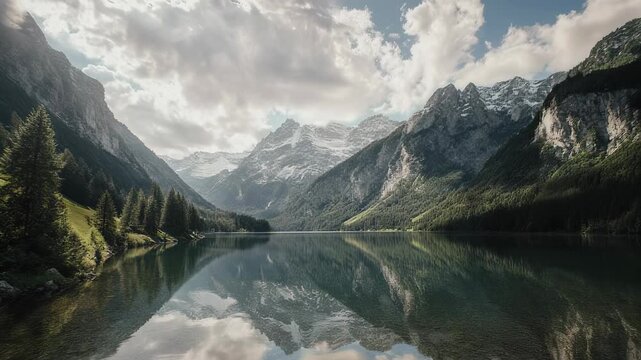 Serene lake mirrors snow-capped mountains and lush green forested slopes under a cloudy sky