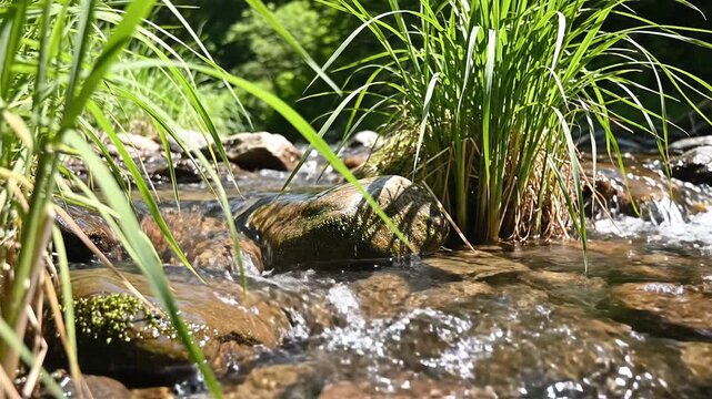 Closeup of a flowing stream with lush green grass and rocks in a natural setting.