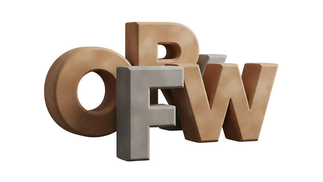 Large 3 D letters spelling O F W in brown and gray isolated on a transparent background