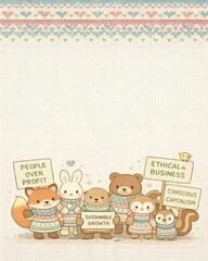 Conscious Capitalism Movement, Cute animals advocating for ethical business and sustainable growth. Illustration with protest signs on a cozy knitted background with copy space.