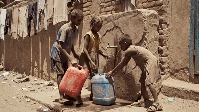 Three young children patiently work together collecting precious drinking water from a communal outdoor tap in a dry impoverished neighborhood setting