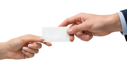 Blank White Card PNG Exchanged Between Two Hands for Business Communication Networking and Professional Presentation Mockups
