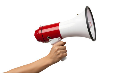 Red and White Megaphone PNG Held by Hand for Public Speaking Announcements and Communication Design Concepts
