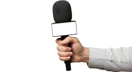 Black Handheld Microphone PNG with White Label Area Held by Hand for Interview Journalism and Media Coverage Mockup Designs
