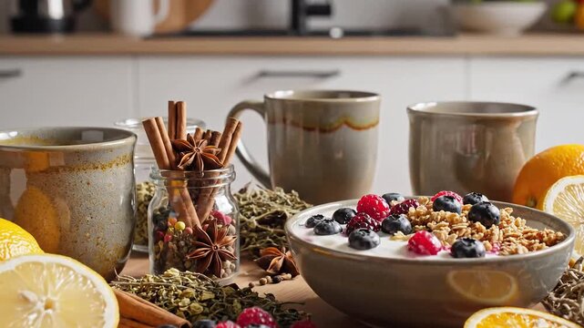 Healthy Breakfast Spread with Yogurt Berries Granola and Fresh Fruits on a Wooden Table.