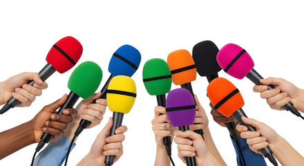 Microphones PNG Held by Diverse Hands Extended Toward Center for Press Conference Media Interview and Journalism Communication Concepts
