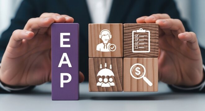 Close-up of hands holding wooden blocks with EAP acronym and icons symbolizing customer service, checklist, protection, and finance.