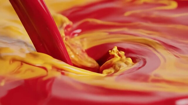 Vibrant Red and Yellow Paint Mixing and Swirling Together in a Dynamic Abstract Display.
