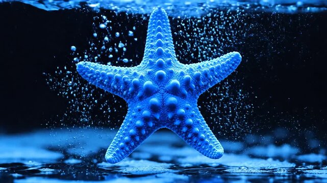 Vibrant Blue Starfish Underwater with Bubbles.