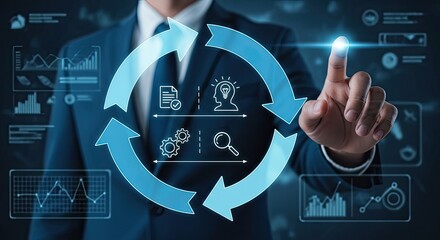 Businessman interacting with a futuristic interface displaying a circular workflow diagram with icons for tasks, ideas, gears, and analysis, symbolizing process optimization.